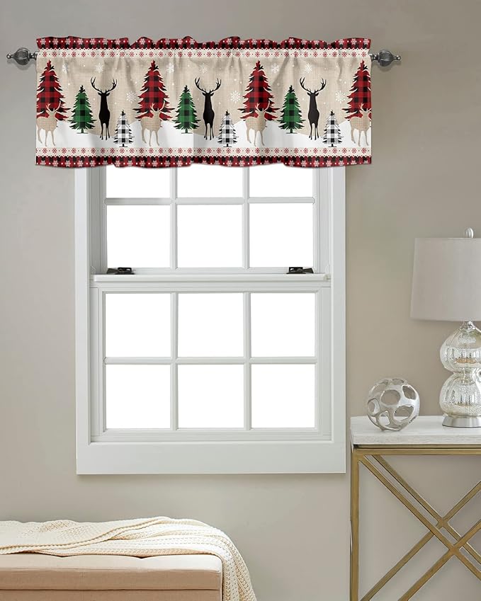 Farmhouse Christmas Kitchen Curtains Valances for Windows Rustic Plaid Christmas Tree Snowflakes Rod Pocket Short Curtain for Kitchen /Living Room/Bedroom/ Bathroom,42" X 18" -1 Panel, Red Green Black