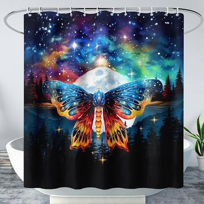AILONEN Colorful Moth Shower Curtain,Galaxy Moon Moth Bath Curtain for Bathroom Decor,Polyester Waterproof with 12 Plastic Hooks 72" W*72" H