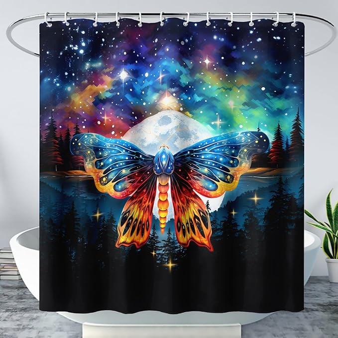AILONEN Colorful Moth Shower Curtain,Galaxy Moon Moth Bath Curtain for Bathroom Decor,Polyester Waterproof with 12 Plastic Hooks 72" W*84" H