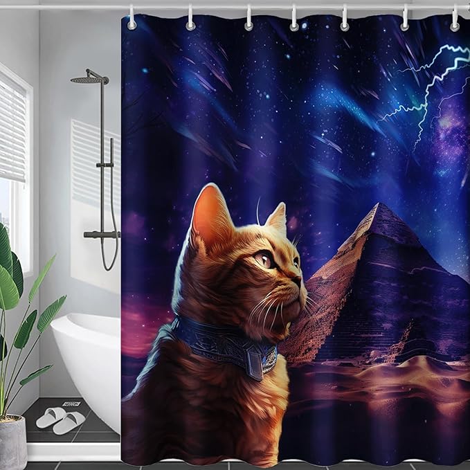 AILONEN Cat Shower Curtain,Blue Galaxy Lightning Pyramid Pet Cat Bath Curtain Gifts for Cat Lover,Polyester Waterproof for Bathroom,72" W*72" H with 12 Plastic Hooks