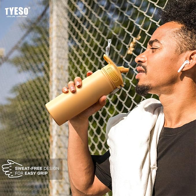 TYESO Water Bottle with Carrying Handle Lid | Insulated Stainless Steel Thermos | Travel Water Bottles for Gym & Sports | Leak Proof & BPA Free | All Day Collection | 25oz (Black)