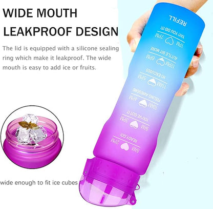 XACIOA Water Bottle with Straw,32oz Plastic Cup with Motivational Time Marker,1L Tritan Sport Lightweight Leakproof BPA-Free,Wide Mouth Fast Flow Ensure You Have Times to Drink,with Straw & Cup Brush