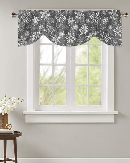 Christmas Blackout Tie Up Valance Curtains for Kitchen Windows Grey White Snowflakes Pattern Window Toppers Balloon Shades for Living Room/Bathroom/Bedroom,1 Panel, 42" X 18", Winter