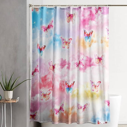 AILONEN Butterflies Shower Curtain Set, Colourful Butterfly Washable Fabric Shower Curtain for Girls,Shining Stars Waterproof Shower Curtain for Pink Lover,60" W*72" H