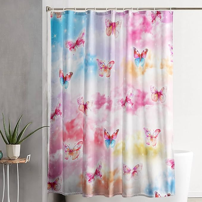 AILONEN Butterflies Shower Curtain Set, Colourful Butterfly Washable Fabric Shower Curtain for Girls,Shining Stars Waterproof Shower Curtain for Pink Lover,72" W*84" H