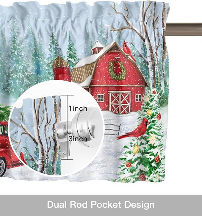 Red Truck Christmas Kitchen Curtains and Valances Set, Merry Christmas Farmhouse Windows Treatments Tiers Half/Short Curtains for Small Windows Cafe /Living Room/ Bedroom 54x36 in Winter Xmas Tree