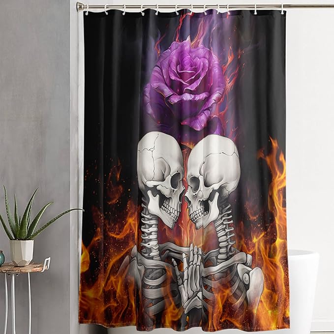 AILONEN Sugar Skull Shower Curtain,Fire Rose with Skeleton Design Shower Curtain Set with Hooks for Boys Girls Teens,Gothic Skull48 W*72" H