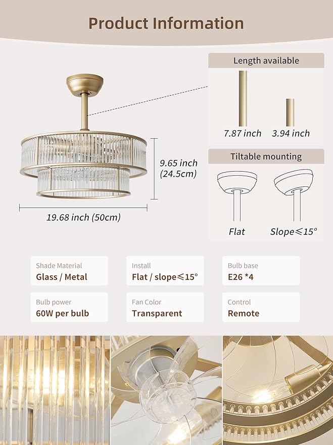 20" Gold Crystal fandelier Ceiling Fan with Lights,Gold Caged Chandelier Ceiling Fan with Light Remote Control,Enclosed Mid Century with 6 Speeds for Bedroom,Living Room,Nursery