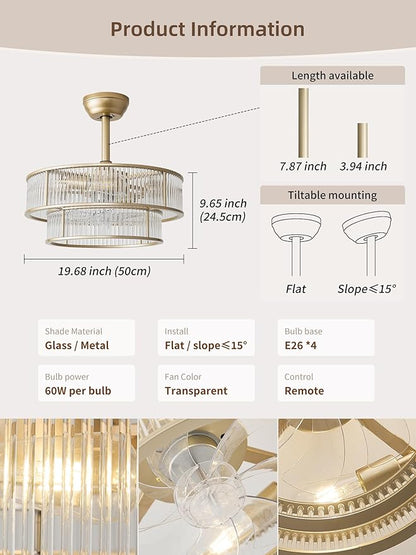 20" Gold Crystal fandelier Ceiling Fan with Lights,Gold Caged Chandelier Ceiling Fan with Light Remote Control,Enclosed Mid Century with 6 Speeds for Bedroom,Living Room,Nursery