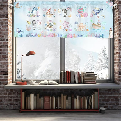 Colorful Sea Animals Valance 54''x18'' Kids Toddler Nursery Bedroom Window Decor Drapes Whale Dolphin Turtle Sea Horse Corals Rainbow Rod Pocket Short Curtains for Kitchen Living Room Bathroom 1 Pack