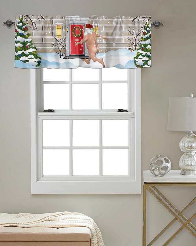 Christmas Farmhouse Kitchen Curtains Valances for Windows Funny Santa Claus Rod Pocket Window Treatment for Kitchen/Living Room/Bedroom/Bathroom,60" X 18" -1 Panel, Holly Xmas Tree