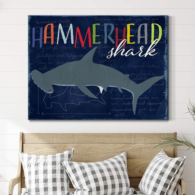 Renditions Gallery Canvas Animal Wall Art Modern Decorations Paintings Colorful Playful Hammerhead Shark Abstract Vibrant Lifestyle Artwork Prints for Kids Bedroom Nursery - 24"x36" LT33