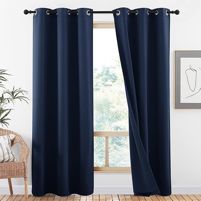 NICETOWN Complete 100% Blackout Curtain Set, Thermal Insulated & Energy Efficiency Window Draperies for Guest Room, Full Shading Panels for Shift Worker and Light Sleepers, Navy Blue, 42W x 84L, 2 Pcs