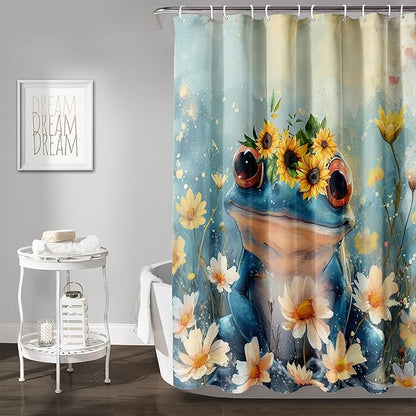 AILONEN Cartoon Frog Shower Curtain,Blue Frog with Sunflowers Polyester Cloth Bath Curtain Set for Kids Boys Girls,Amphibious Animals Shower Curtains for Bathroom,72" W*78" H