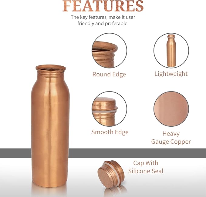RAJRANG BRINGING RAJASTHAN TO YOU Modern Copper Water Bottle 16 oz Solid Vessel Ayurveda Health Pitcher Leak Proof Design Bottles for Sport Fitness Yoga