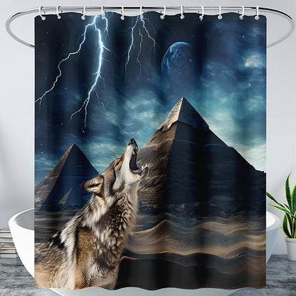 AILONEN Howling Wolf Shower Curtain,Retro Pyramid Evening Wolf Bath Curtain,Safari Wolf Curtain for Bathroom Decor,Polyester Waterproof with 12 Plastic Hooks 72" W*84" H