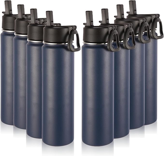 Volhoply 24oz Insulated Water Bottle With Straw Bulk 8 Pack,Metal Wide Mouth Water Bottles With Handle Lid Keep Cold,Reusable Double Wall Thermos,Powder Coated Sport Bottle For Holder(Navy,8 Count)