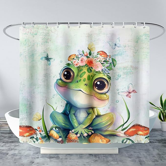 AILONEN Cute Frog Shower Curtain Cartoon Animal Wildlife Frog Cartoon Mushroom Minimalist Modern Art Retro Green Shower Curtain Bathroom Decor Curtains with 12 Hooks 72" W*84" H