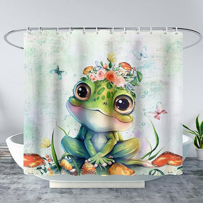 AILONEN Cute Frog Shower Curtain Cartoon Animal Wildlife Frog Cartoon Mushroom Minimalist Modern Art Retro Green Shower Curtain Bathroom Decor Curtains with 12 Hooks 36" W*72" H