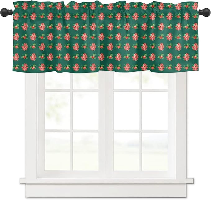 Holy Berries Christmas Window Valance for Kitchen Living Room, Red Floral Window Curtain for Bedroom Bathroom, Winter Windows Valance Rod Pocket Window Treatment, Christmas Decors, 54" W x 18" L