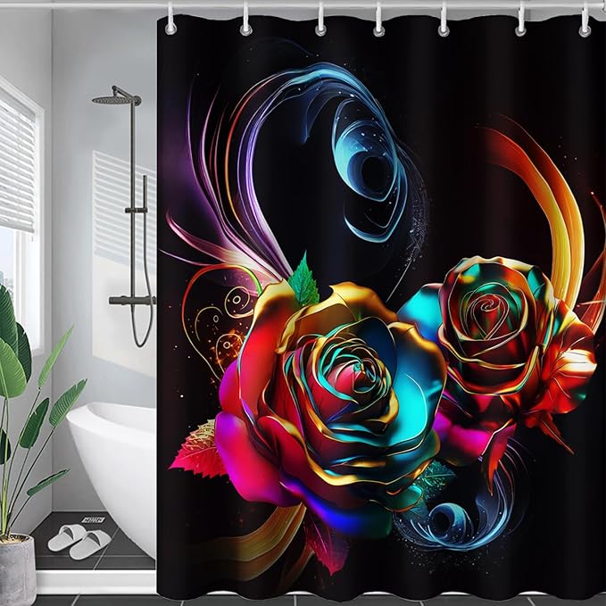 AILONEN Gold Rose Flower Shower Curtain for Kids Girls Teens,Butterfly Rose Flower Bath Curtain for Bathroom Decor,Romantic Polyester Waterproof with 12 Plastic Hooks 72" W*84" H
