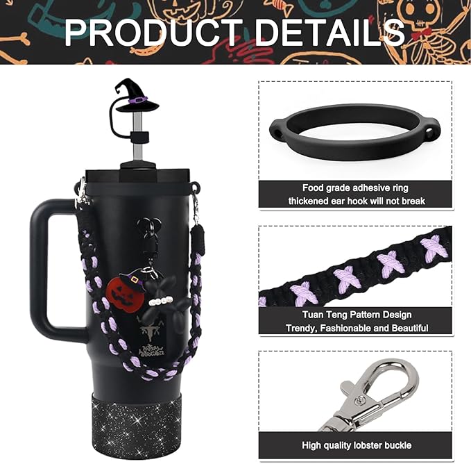 BELSITA Stanley Cup Accessories Set, Black Dog Chain Braided Design Water Bottle Handle Strap, Black Glitter Silicone Stanley Cup Boot, Stanley Charms for Stanley Cup 30/40oz Tumble(Halloween 1)