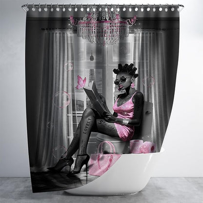 African American Shower Curtain Fashion Black Girl Shower Curtains for Bathroom Decor Grey Pink Waterproof Polyester Fabric Afro Black Women Bathroom Curtain with Hooks 66x72 Inch