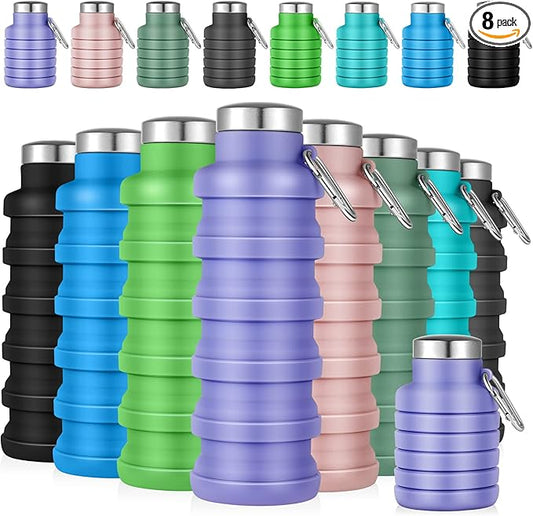 Lallisa 8 Pcs Collapsible Water Bottle Reusable Silicone Foldable Water Bottles 17 oz Portable Lightweight Sports Water Bottle with Carabiner for Gym Hiking Camping Travel (Fresh Colors)