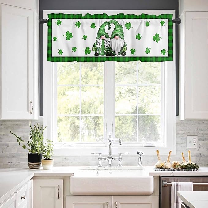Gnome St. Patrick's Day Kitchen Curtains and Valances Set, Buffalo Plaid Shamrock Window Tiers Seasonal Spring Holiday Half/Short Curtains for Small Windows Cafe /Living Room/ Bedroom 54x 36 in