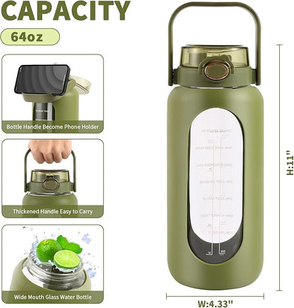 64oz Glass Water Bottle with Straw and Handle - Half Gallon Motivational Water Jug with Time Marker and Silicone Sleeve, Leak proof Wide Mouth Water Flask for Gym, Sports, and Daily Use (Green)
