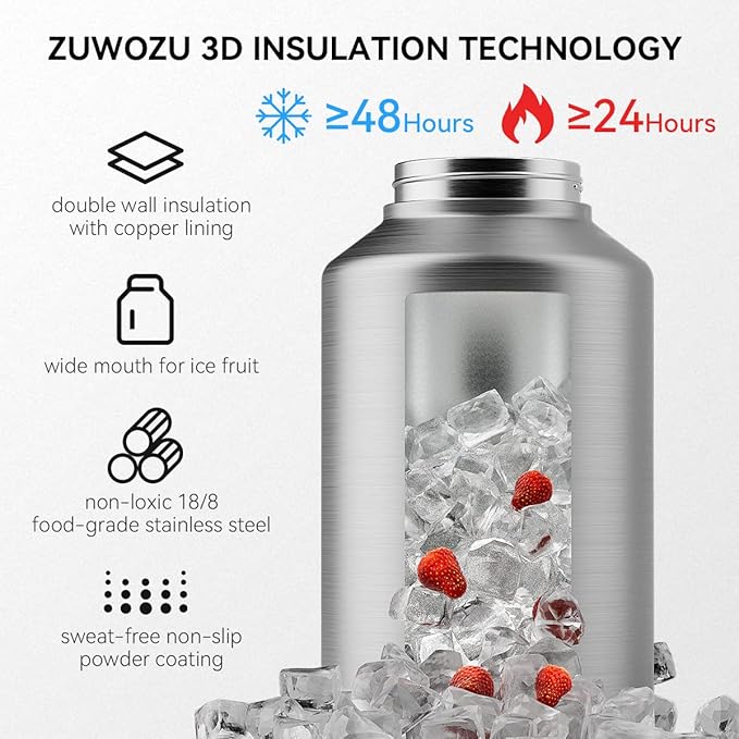 Half Gallon Water Bottle Insulated, 64oz Stainless Steel Half Gallon Water Jug with Straw, Spout,Handle and Carry Sleeve, Wide Mouth,Leak Proof, Keeps Drinks Hot and Cold, Metal Canteen Flask
