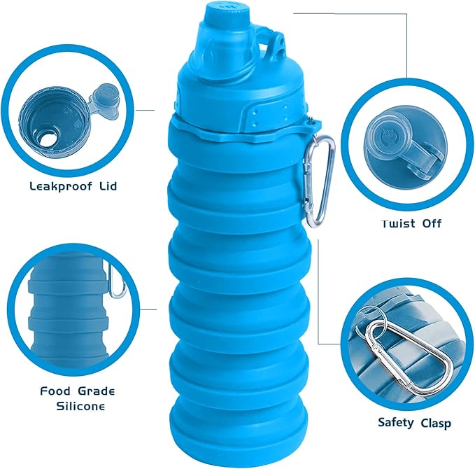 Collapsible Water Bottles - BPA-FREE Silicone Reusable Travel Bottles for Healthy & Safe Hydration, Compact & Portable Design for Hiking & Sports, Lightweight & Foldable, 2-Pack, Blue
