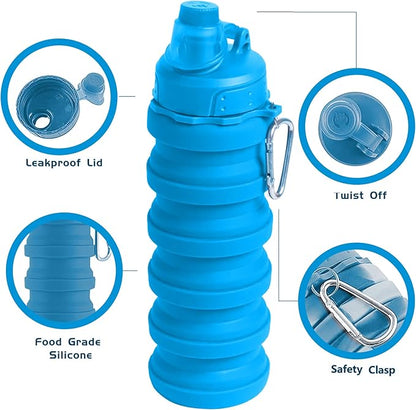 Collapsible Water Bottles - BPA-FREE Silicone Reusable Travel Bottles for Healthy & Safe Hydration, Compact & Portable Design for Hiking & Sports, Lightweight & Foldable, 2-Pack, Blue