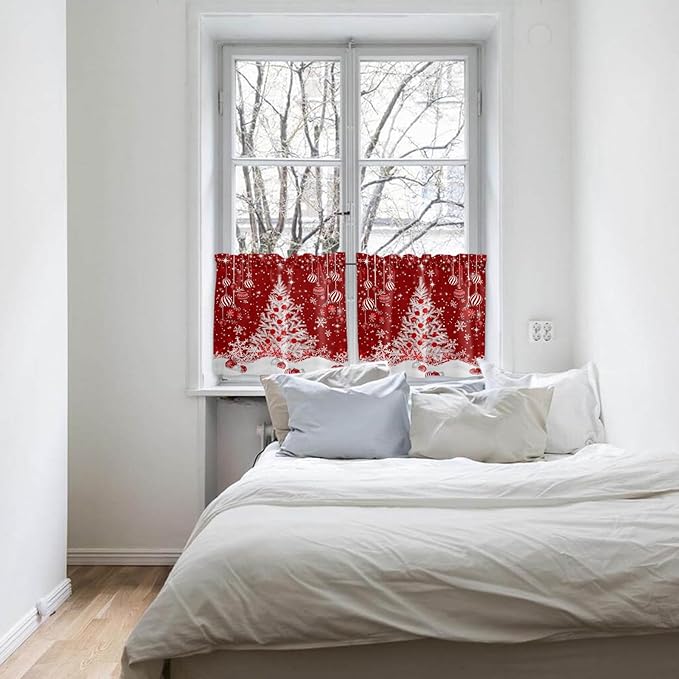 Red Christmas Kitchen Curtains and Valances Set, White Xmas Tree Snowflakes Red Balls Windows Treatments Tiers Half/Short Curtains for Small Windows Cafe /Living Room/ Bedroom 54x36 in Winter