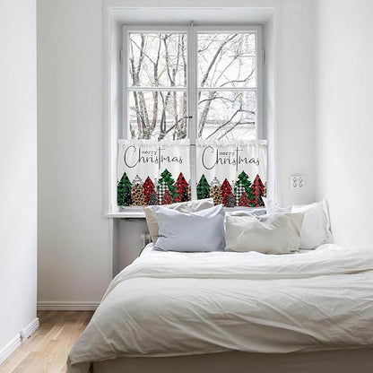 Merry Christmas Kitchen Curtains and Valances Set, Buffalo Plaid Xmas Tree Winter Forest Farmhouse Small Windows Treatments Tiers Short Curtains for Cafe /Living Room/ Bedroom 54x36 in Red Green