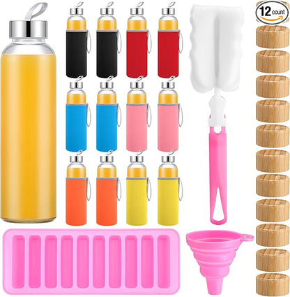 12 Pcs 18 oz Glass Water Bottles Glass Juice Bottles with Protection Sleeves, Stainless Steel and Bamboo Lids Reusable Glasses Funnel, Ice Mold, Brush for Milk Smoothie Beverage Tea