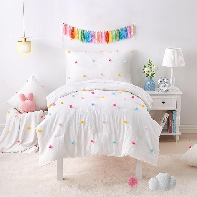 4 Piece White Boho Toddler Bedding Sets for Girls Colorful Pom Pom Comforter Set Jacquard Tufted Dot Crib Bed Sheets Set for Baby Bed in a Bag, Include Comforter, Flat Sheet, Fitted Sheet, Pillowcase