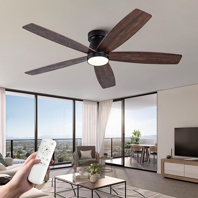 52 inch Ceiling Fans with Lights and Remote,Flush Mount Black Ceiling Fan,Memory Fuction Reversible Quiet DC Motor Low Profile Ceiling Fans For Living Room Bedroom Indoor Outdoor(Black Walnut)