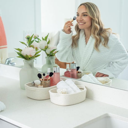 OrganiHaus Set of 5 White Rectangle Bathroom Storage Baskets for Organizing, Small Woven Baskets for Storage Baskets for Bathroom, Nursery Storage Basket for Baby Nursery Organization, Cute Bins
