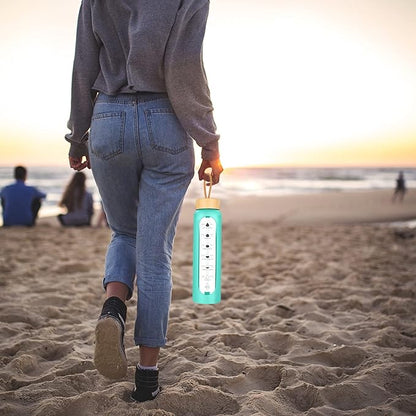 32 Oz Borosilicate Glass Water Bottle with Times to Drink | BPA Free - Reusable Wide Mouth Glass Motivational Water Bottles with Infuser & Silicone Sleeve (SHINY GREEN)