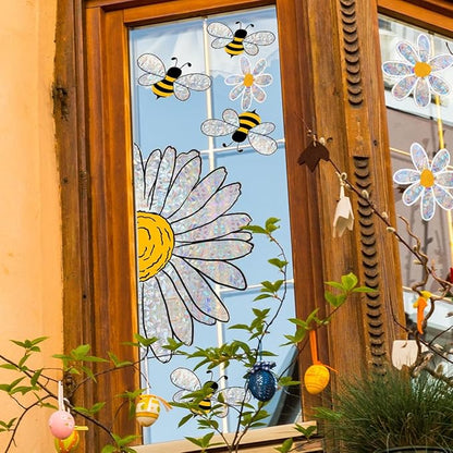 8Pcs Rainbow Window Clings,Bee Flowers Suncatcher Sticker for Window,Window Cings for Glass Windows,Bird Deterrent for Windows (Bee Flowers)