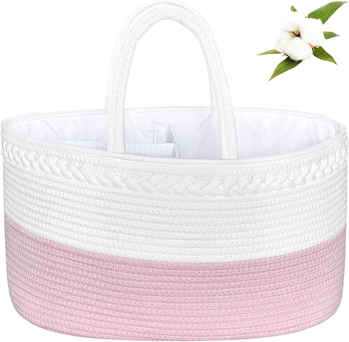 ABenkle X-Large Baby Diaper Caddy, Nursery Storage Bin and Car Organizer for Diapers Wipes, Cotton Rope Basket Changing Table Caddy, Pink