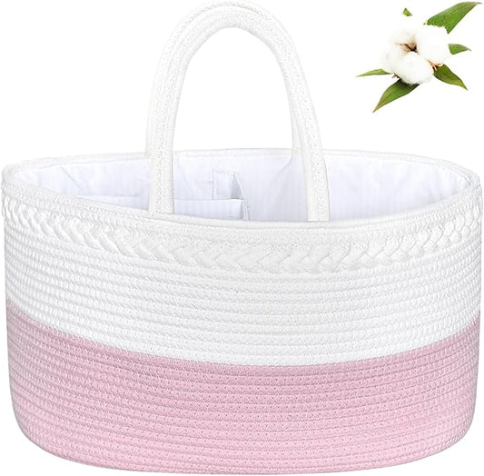 ABenkle X-Large Baby Diaper Caddy, Nursery Storage Bin and Car Organizer for Diapers Wipes, Cotton Rope Basket Changing Table Caddy, Pink