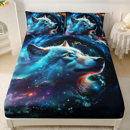 AILONEN Wolf Fitted Sheet Set Twin XL Size, Space Galaxy Wolf Bed Sheet Set for Boys Girls,Howling Wolf Safari Wolf Breathable Fitted Sheet and 2 Pillowcases,3 Pieces
