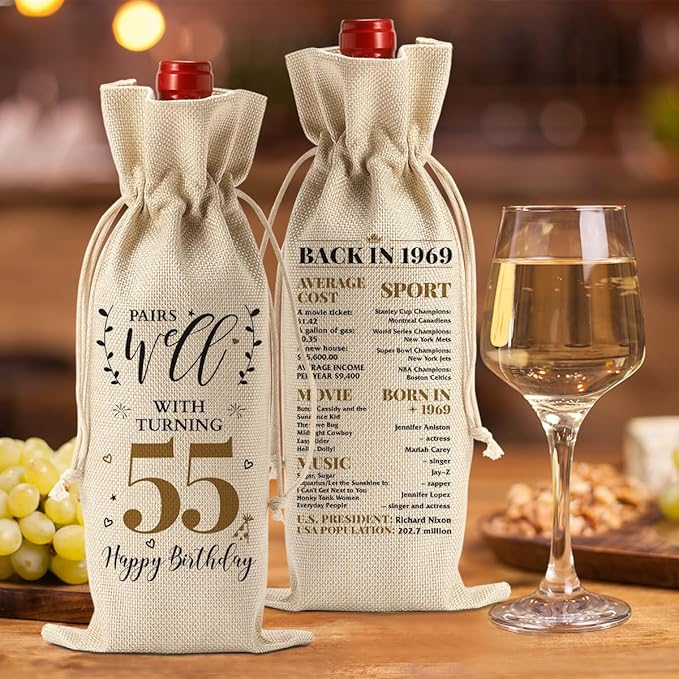 55th Birthday Gifts for Women Men Funny Wine Bag 55th Birthday Decorations Party Favors Anniversary Retirement 55 Year Old Gifts for Woman Her Him Grandma Wife Friends Mom Wine Gift Bag