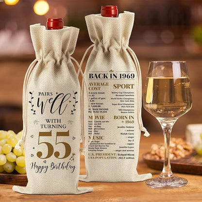 55th Birthday Gifts for Women Men Funny Wine Bag 55th Birthday Decorations Party Favors Anniversary Retirement 55 Year Old Gifts for Woman Her Him Grandma Wife Friends Mom Wine Gift Bag