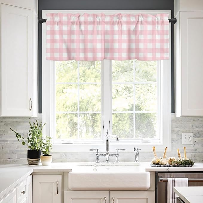Christmas Kitchen Curtains and Valances Set, Rustic Pink White Buffalo Check Plaid Pattern Windows Treatments Tiers Half/Short Curtains for Small Windows Cafe /Living Room/ Bedroom 54x36 in Farmhouse