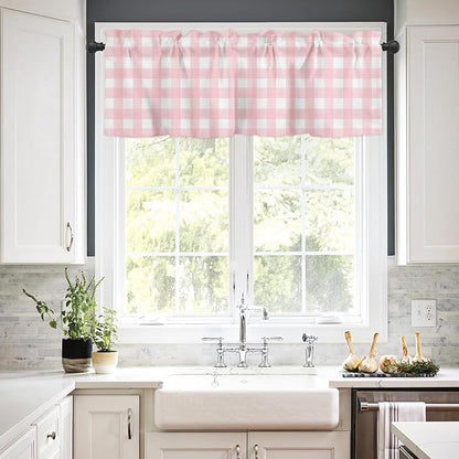 Christmas Valance Curtains for Kitchen Windows Rustic Pink White Buffalo Check Plaid Pattern Rod Pocket Window Treatment Toppers for Kitchen/Living Room/Bedroom/Bathroom, 42" X 18", Farmhouse