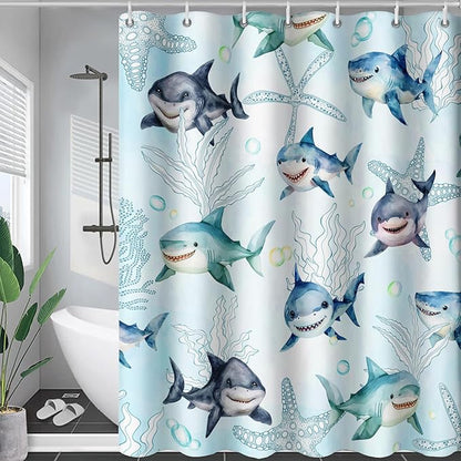 AILONEN Shark Shower Curtain for Bathroom, Cute Shark Bathroom Curtain,Blue Tie Dye Ocean Theme Bath Curtain 60" W*72" H Polyester Waterproof Children Boys Bathroom Curtain with 12 Hooks