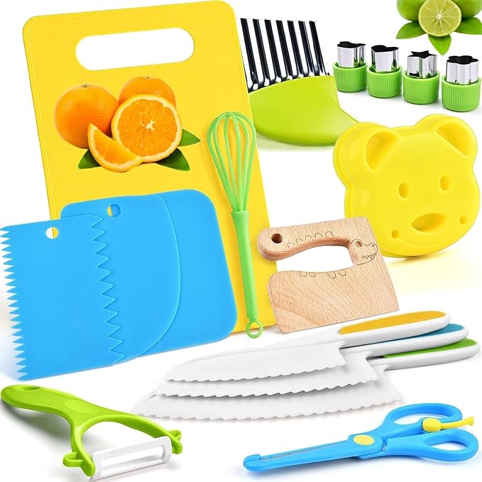 Real Cooking Set for Kids,13/17 Piece Kids Baking knife Set Kitchen Tools Include Wood Kids Safe Knife, Peeler, Cutting Board Potato Slicers for Boys, Kid, Toddler, Gift